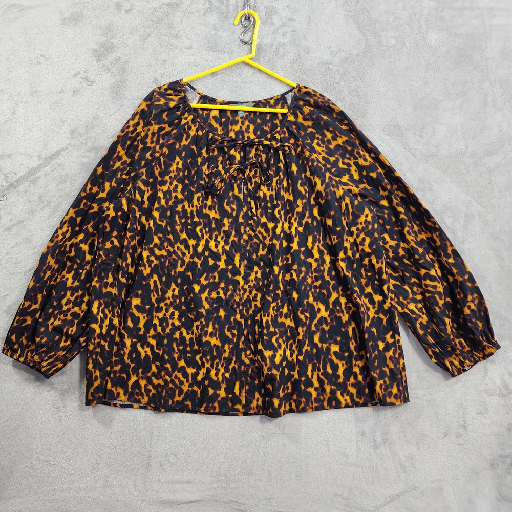 NEW Terra & Sky Top Womens 2X Brown Animal Print Tie Neck Long Sleeve Peasant